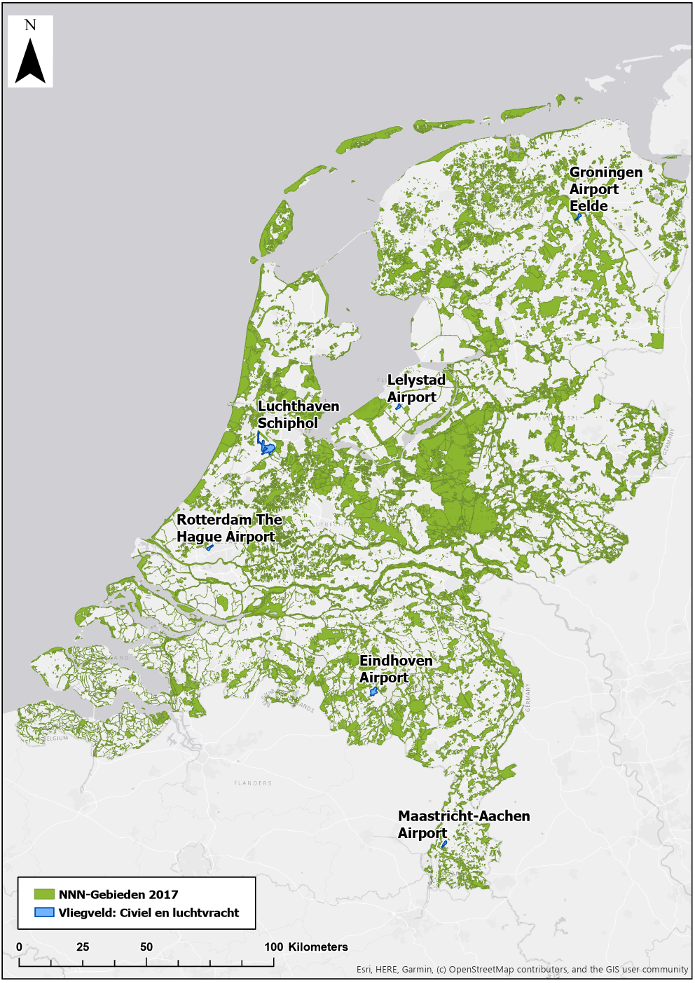 Figuur 6.11 Natuur Netwerk Nederland en locaties van vliegvelden Natuur Netwerk Nederland en locaties van vliegvelden